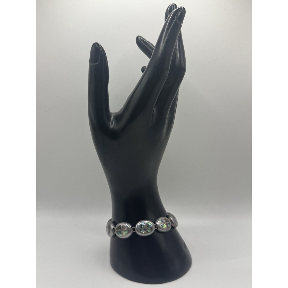 Thailand 925 Sterling Silver Abalone Shell Link Bracelet Oval Panel Vintage